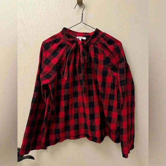 Madewell Tops - Madewell 100% cotton buffalo plaid red and black tie front blouse size S